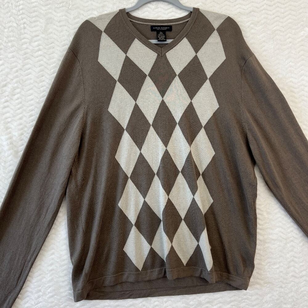 Banana Republic Cashmere Silk Argyle V Neck Pullover Brown Sweater Mens XL - Picture 4 of 14